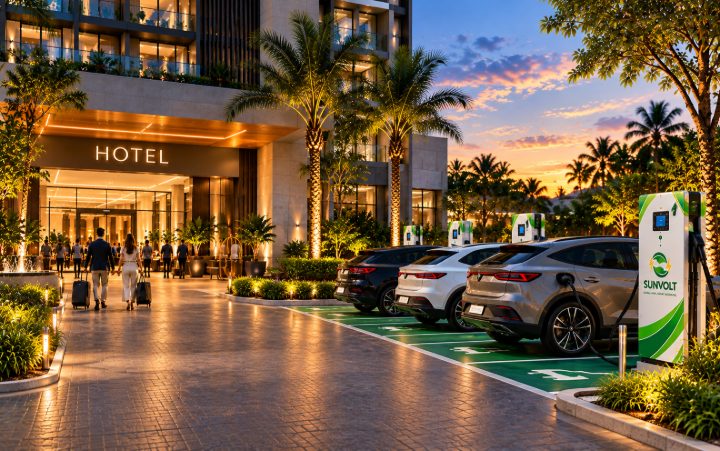 Carregadores para carros elétricos SunVolt na entrada de um hotel