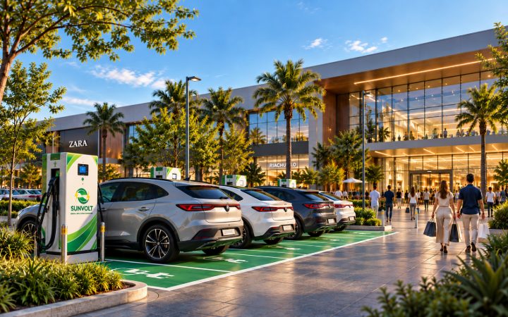 Eletroposto SunVolt com carregadores para carros elétricos no estacionamento de um shopping